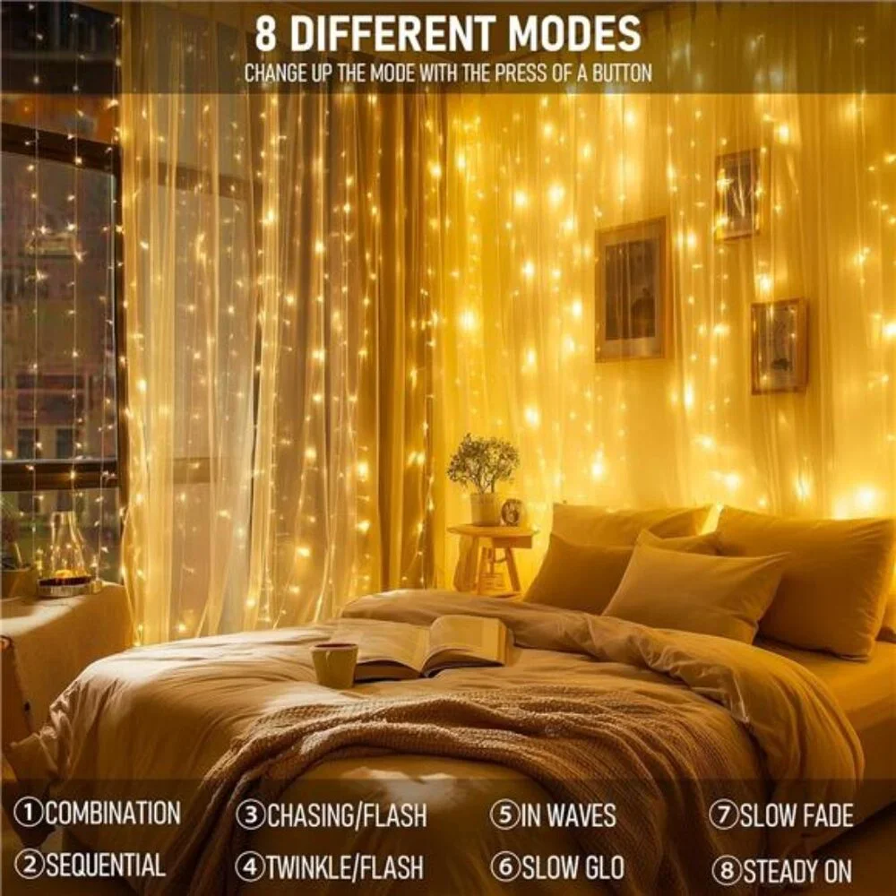 300 LED Curtain Fairy Lights Warm White String Hanging Window Wall Christmas